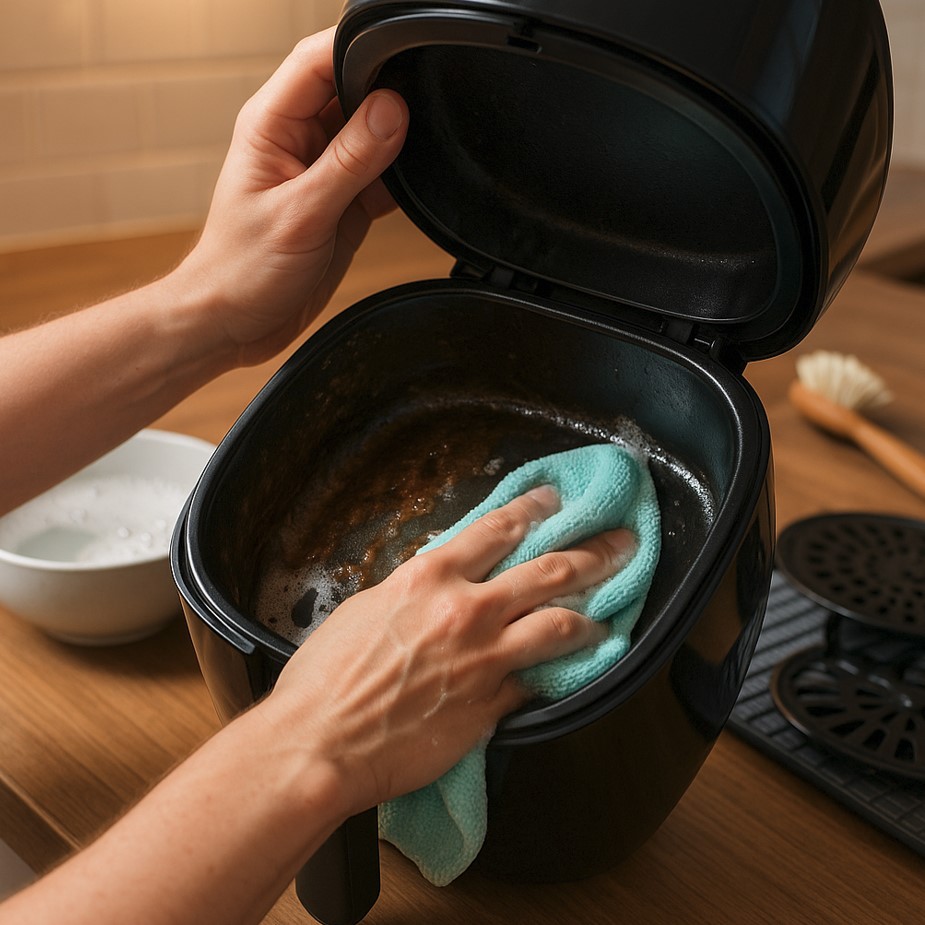Närbild på en person som torkar insidan av en smutsig airfryer med en mikrofiberduk.