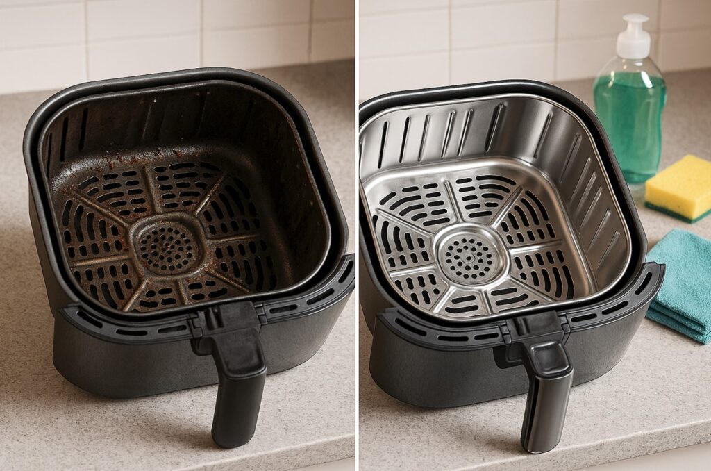 Smutsig och rengjord airfryer sida vid sida på en köksbänk med rengöringsmedel och svamp i bakgrunden.